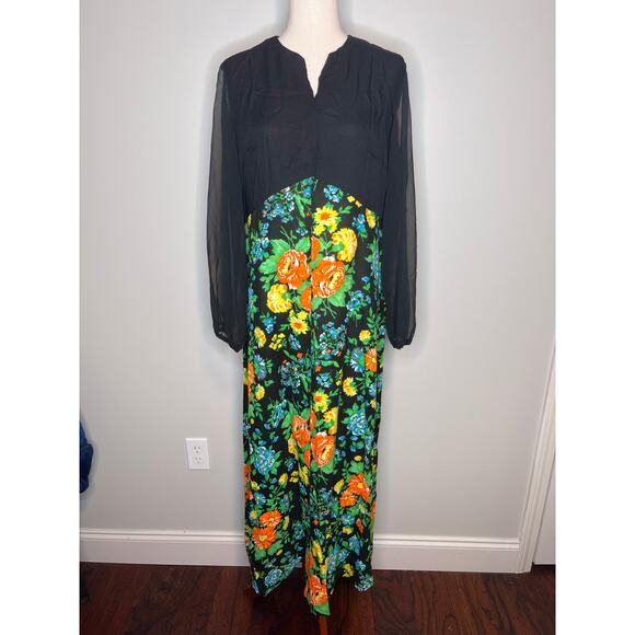 1970s JCPenney Fashions Sheer Black Rainbow Floral Dark Romantic Maxi Dress L - Picture 1 of 11